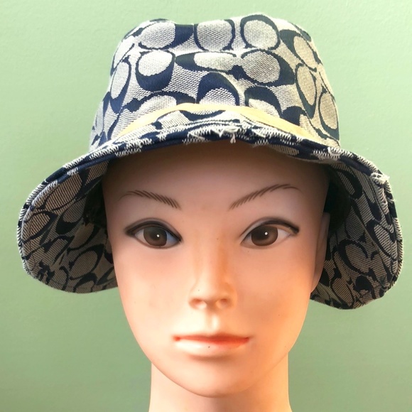 Coach Blue Signature Jacquard & Beige Leather Bucket Hat - Picture 1 of 9